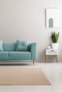 Real photo of bright living room interior with cupboard with fresh plant, tea cup and book, carpet on the floor and turquoise loun