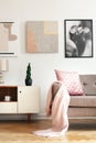 Bright sitting room interior with cupboard with fresh plant, herringbone parquet and couch with pastel pink blanket