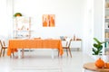 Dining room in vivid color. Orange tablecloth on long table with white chairs