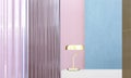 Real photo of a gold lamp on a white pedestal in colorful interior with blue and pink walls