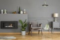 Real photo of a grey armchair standing in a modern, simple living room interior between a bio fireplace and plant, and table with