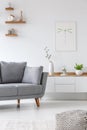 Real photo of a grey couch standing next to a cupboard with vase