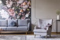 Real photo of a grey living room interior with a sofa, armchair, wallpaper and wall molding