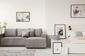 Real photo of a grey sofa with cushions standing next to a white Royalty Free Stock Photo