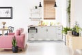 Real photo of open space kitchen interior with checkerboard floor, window with wooden blinds, pink velvet couch and many fresh pl