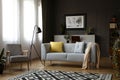 Real photo of retro armchair, modern sofa decorated with pillows