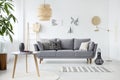 Real photo of a simple living room interior with cushions on gray sofa, paintings on white wall and cherries on a coffee table