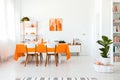 Stylish but simple dining room in vivid color. Orange and white interior design concept