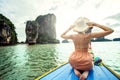 Real photo of traveler woman on the long tail boat looking at the James Bond island Phuket, Thailand, Asia. Tourism destination Royalty Free Stock Photo