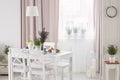 Real photo of white table with fresh lavender and breakfast standing in bright dining room interior with window with drapes