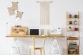 Wooden desk with a laptop, sewing machine, organizer and macrame o a wall next to a shelf. Empty screen, place you