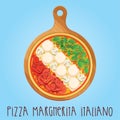 The real Pizza Margherita Italiano on wooden board