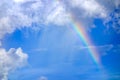 Real rainbow on blue sky with clouds nature background. Royalty Free Stock Photo