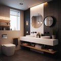A real realistic looking bathroom with modern furniture. A bathroom with a toilet, sink, and mirror Royalty Free Stock Photo