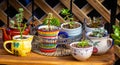 Real reused, recycle, re-purposed kitchen pot and cup for house plants and succulents eco gardening Royalty Free Stock Photo