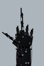 Real robotic hand giving the middle-finger against grey background. Concepts of AI takover and Technological singularity