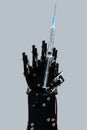 Real robotic hand with syringe. Concept of Artificial intelligence and robots in medicine