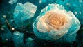 real rose with many green leaves on its branches many crystal clear broken ice blue roses blue crystal dew