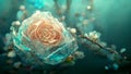 real rose with many green leaves on its branches many crystal clear broken ice blue roses blue crystal dew