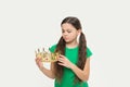 real royal crown. she is prom queen. little beauty in princess crown. small girl egoist isolated on white. Source of