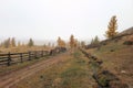 Real rural life in a remote area of Altai. Rural road washed out by rains. Autumn dirt road, impassable mud through the village Royalty Free Stock Photo