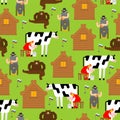 Real Russia pattern seamless. Russian village background. Woman milks cow. Man plays balalaika. Bear is dancing