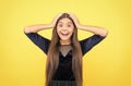 is that for real. shocked teen girl with long hair. express positive human emotions. amazed cute child. kid fashion and Royalty Free Stock Photo