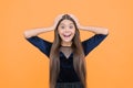 is that for real. shocked teen girl with long hair. express positive human emotions. amazed cute child. kid fashion and Royalty Free Stock Photo