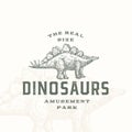 Real Size Dinosaurs Amusement Park Abstract Sign, Symbol or Logo Template. Hand Drawn Stegosaurus Reptile with Premium