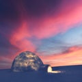 Real snow igloo house in the winter mountains glowing by evening sunlight