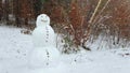 Real snowman made of snow in a winter forest