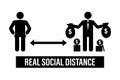 Real social distance. Funny banner with black humans icons. Poverty and wealth, class distinction. Large income gap. Inequality,