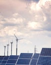 Real solar panels and windmill