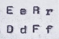 Real typewriter font alphabet with letters E, R, D, F