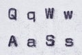 Real typewriter font alphabet with letters Q, W, A, S