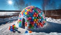 Real water balloon igloo in snowy landscape