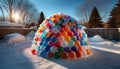 Real water balloon igloo in snowy landscape