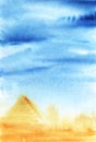 A real watercolor background of the blue sky and yellow Egyptian Royalty Free Stock Photo