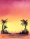 Real watercolor background. Dark silhouette of palms trree on a gradient background