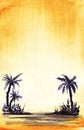 The real watercolor background. Yellow sand and yellow sky. Dark silhouette of a palms tree. Allegoric desert, and oasis. Sandy Royalty Free Stock Photo
