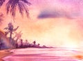 Real watercolor sketchy coastline with palm trees during sunset.