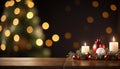 Real wood table decorations for dining during the Christmas season. The background has beautiful bokeh.