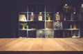 Real wood table top texture on dark room interior design background