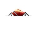 Realestate property of red roof house with birds and streamline