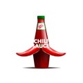 Realictic vector illustration of bottle of chili sauce with a mustache of chili peppers. Isolated on white background.