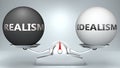 Realism and idealism in balance - pictured as a scale and words Realism, idealism - to symbolize desired harmony between Realism