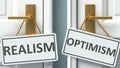 Realism or optimism as a choice in life - pictured as words Realism, optimism on doors to show that Realism and optimism are