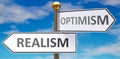 Realism and optimism as different choices in life - pictured as words Realism, optimism on road signs pointing at opposite ways to