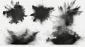 A realist set of black powder splashes isolated on a transparent background. Modern illustration of dust particles, ash