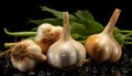 Realist still life of of garlic heads in with drops water